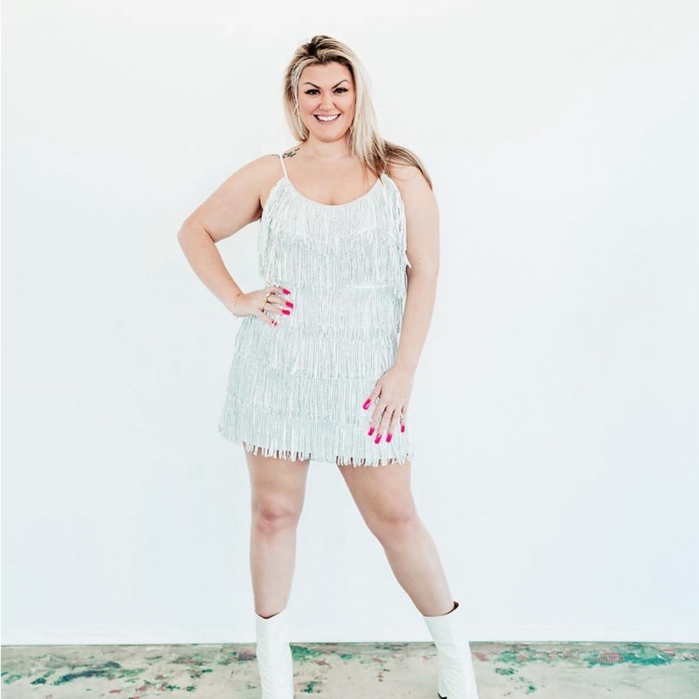 White Wendy Drew Cha-Cha Fringe Dress Plus Size Bachelorette Dress- 3X
